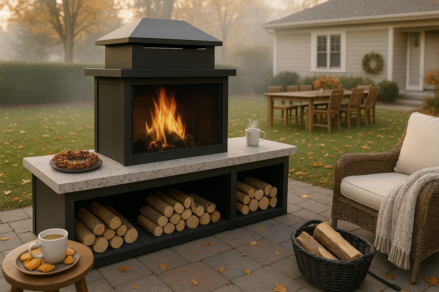 Pyrostellar 78″ Metal Wood Burner Fireplace with Side Storage Tables