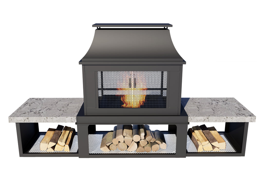 Pyrostellar 78″ Metal Wood Burner Fireplace with Side Storage Tables
