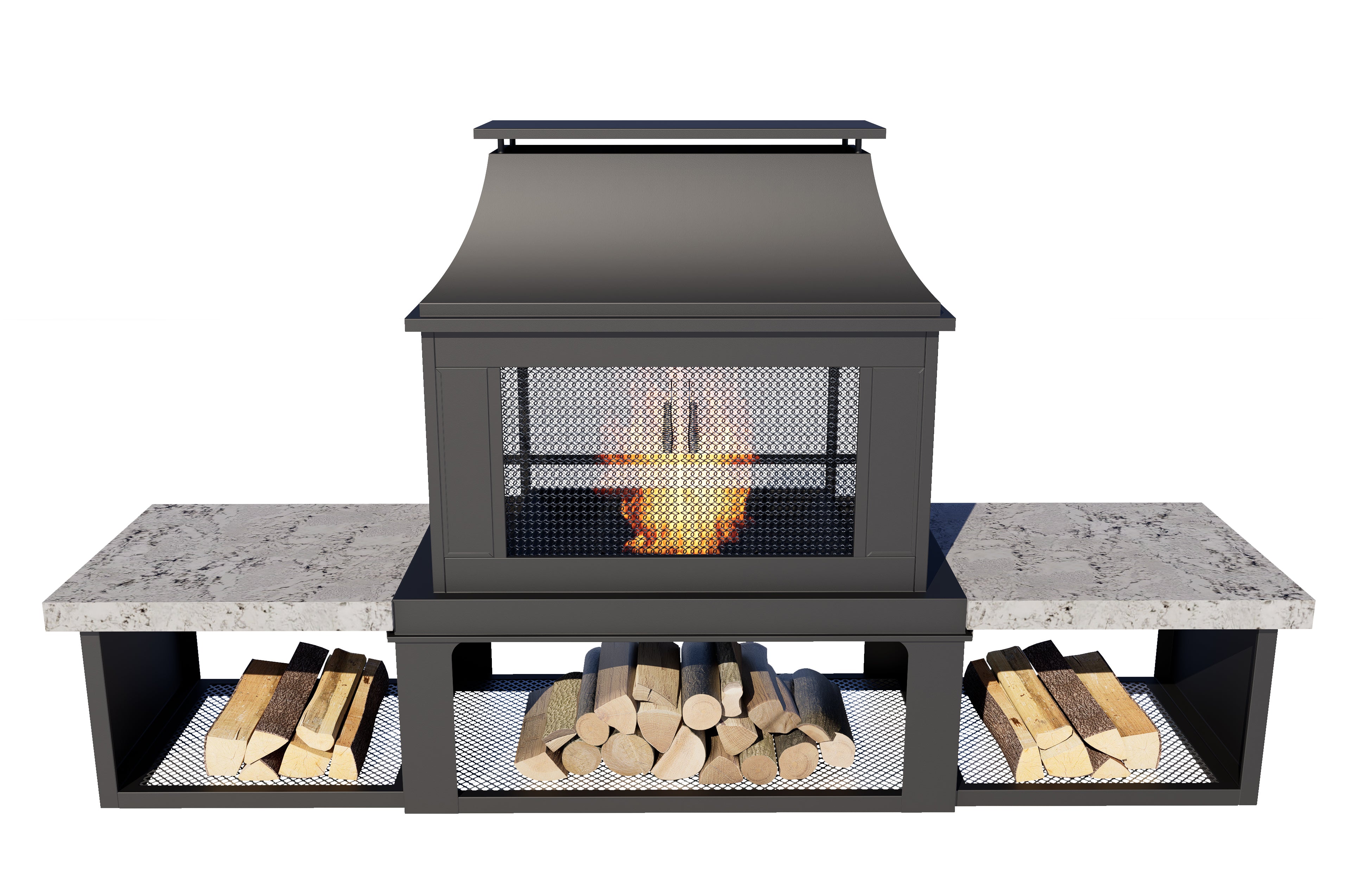 Pyrostellar 78″ Metal Wood Burner Fireplace with Side Storage Tables