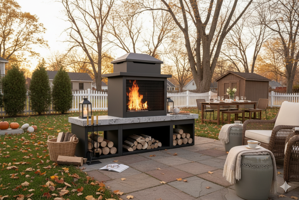 Pyrostellar 78″ Metal Wood Burner Fireplace with Side Storage Tables