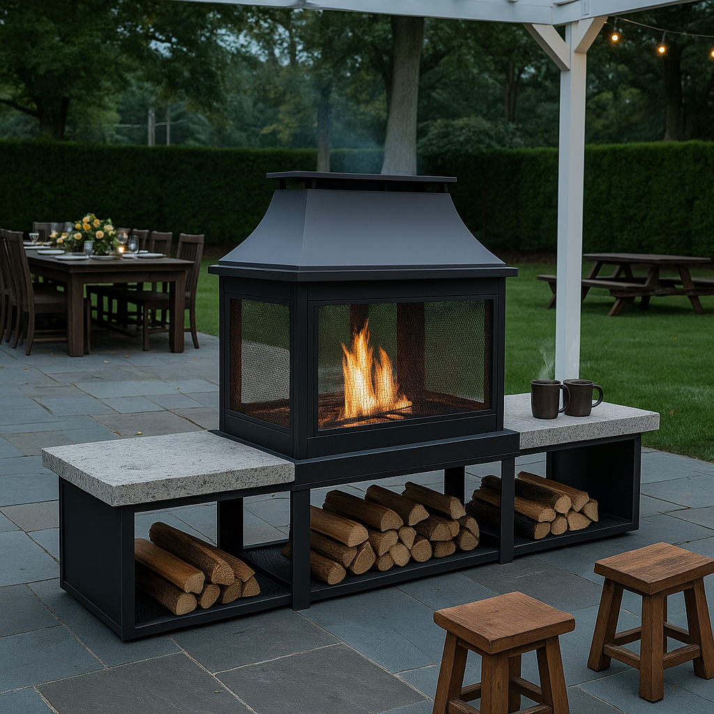Pyrostellar 78″ Metal Wood Burner Fireplace with Side Storage Tables