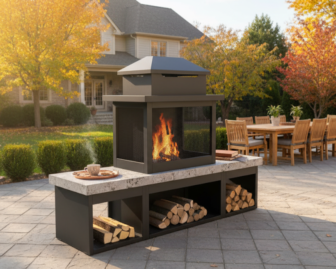 Pyrostellar 74″Modern Outdoor Fireplace with Chimney & Log Holders