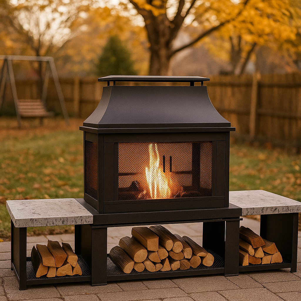 Pyrostellar 78″ Metal Wood Burner Fireplace with Side Storage Tables
