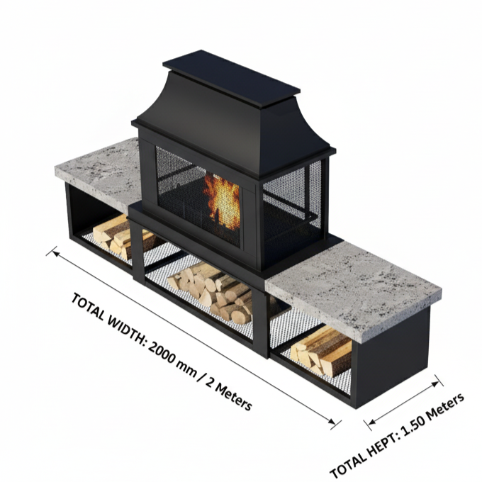 Pyrostellar 78″ Metal Wood Burner Fireplace with Side Storage Tables