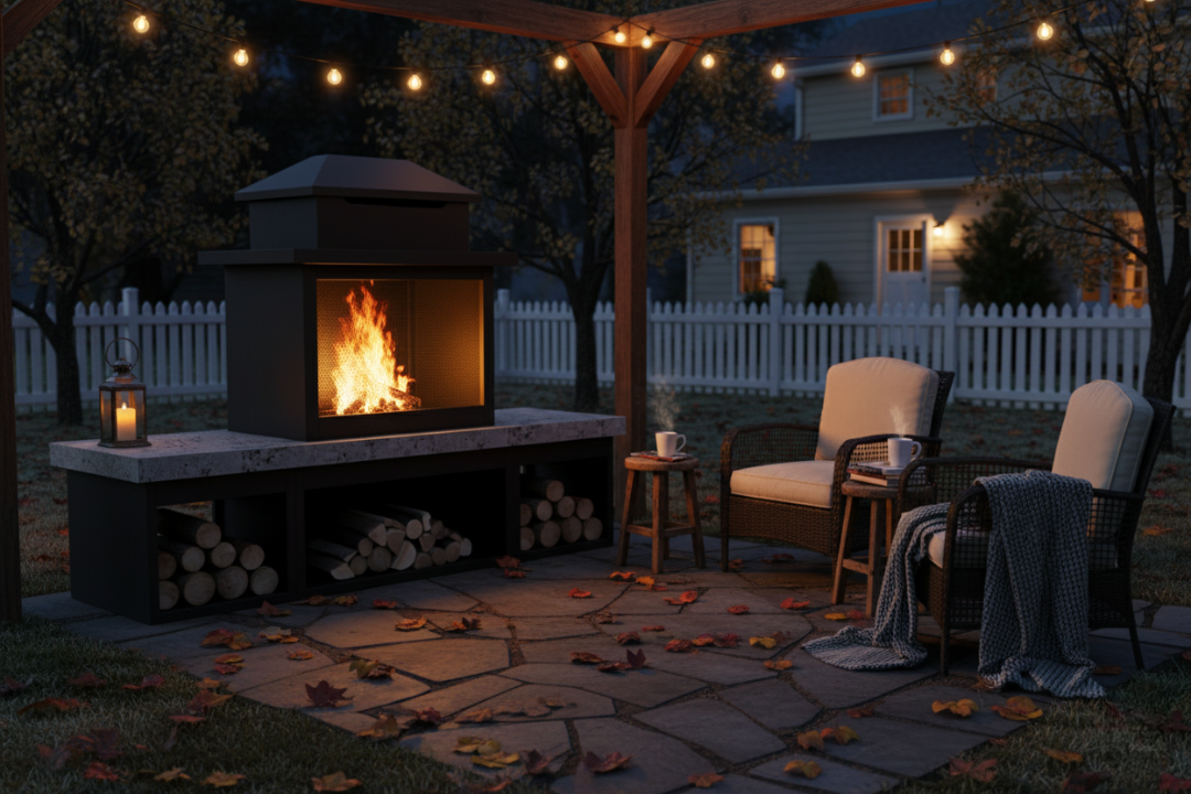 Pyrostellar 74″Modern Outdoor Fireplace with Chimney & Log Holders
